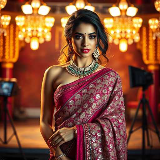 A woman is standing against a red wall with gold accents and wearing a pink saree adorned with gold embroidery. She has dark hair styled in an elegant updo and is wearing earrings that complement her attire. The background features a chandelier hanging from the ceiling, adding to the opulence of the setting.